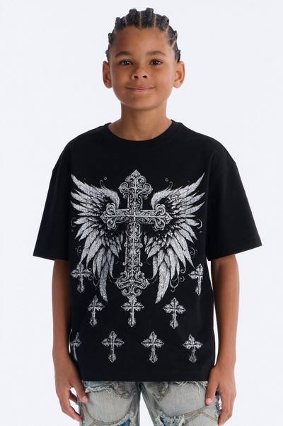 Mini Crosses Forever Rhinestones Oversized Short Sleeve Tee - Black