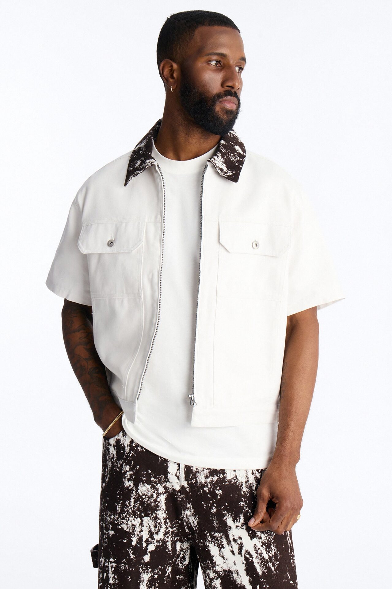 Canon Contrast Collar Zip Up Shirt - White