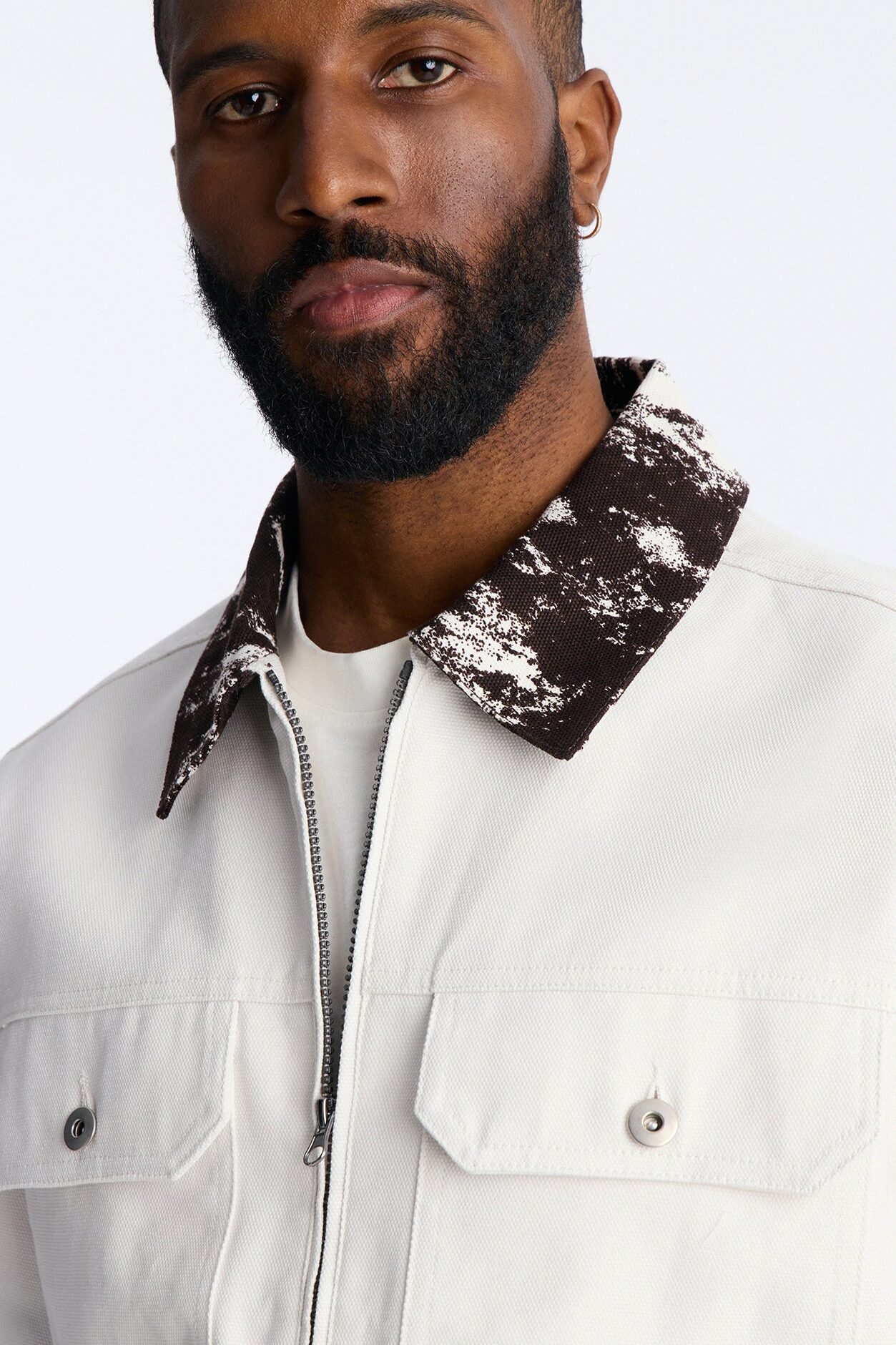 Canon Contrast Collar Zip Up Shirt - White