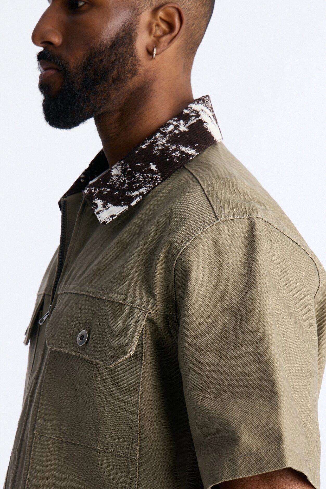 Canon Contrast Collar Zip Up Shirt - Taupe