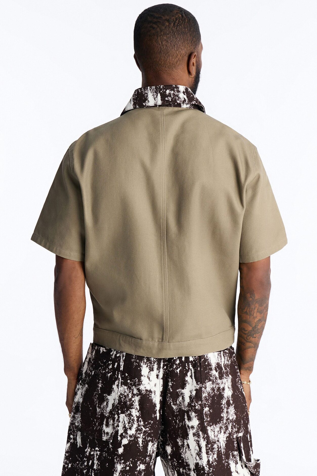 Canon Contrast Collar Zip Up Shirt - Taupe