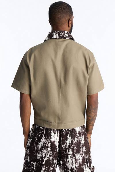 Canon Contrast Collar Zip Up Shirt - Taupe