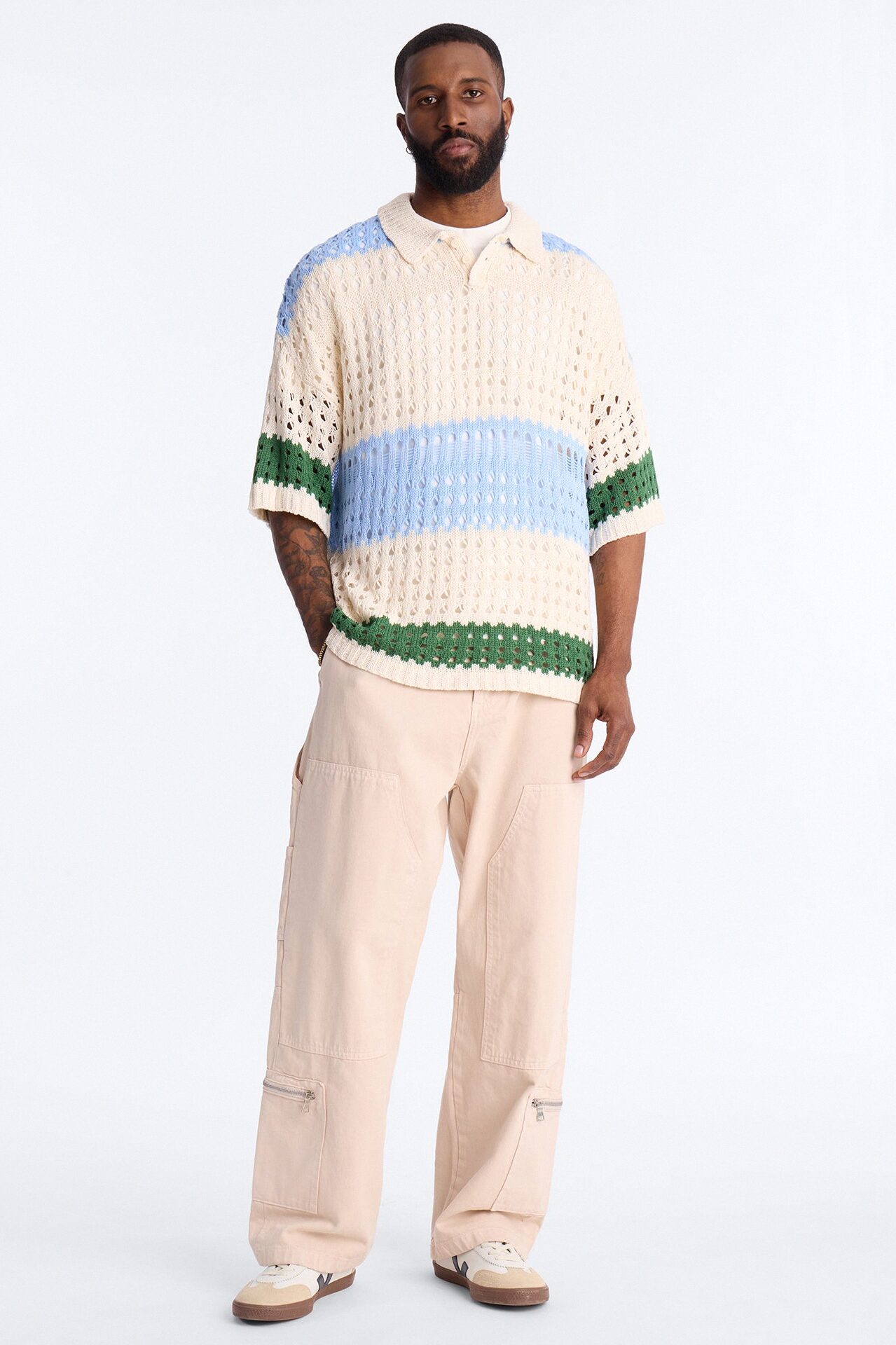 Weathered Stripe Knitted Polo - Light Blue