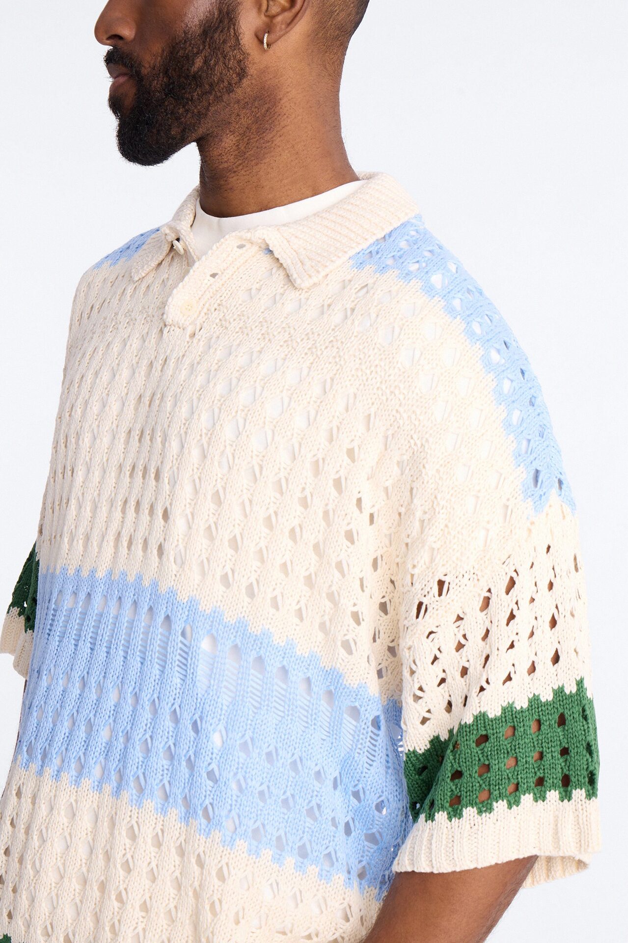 Weathered Stripe Knitted Polo - Light Blue
