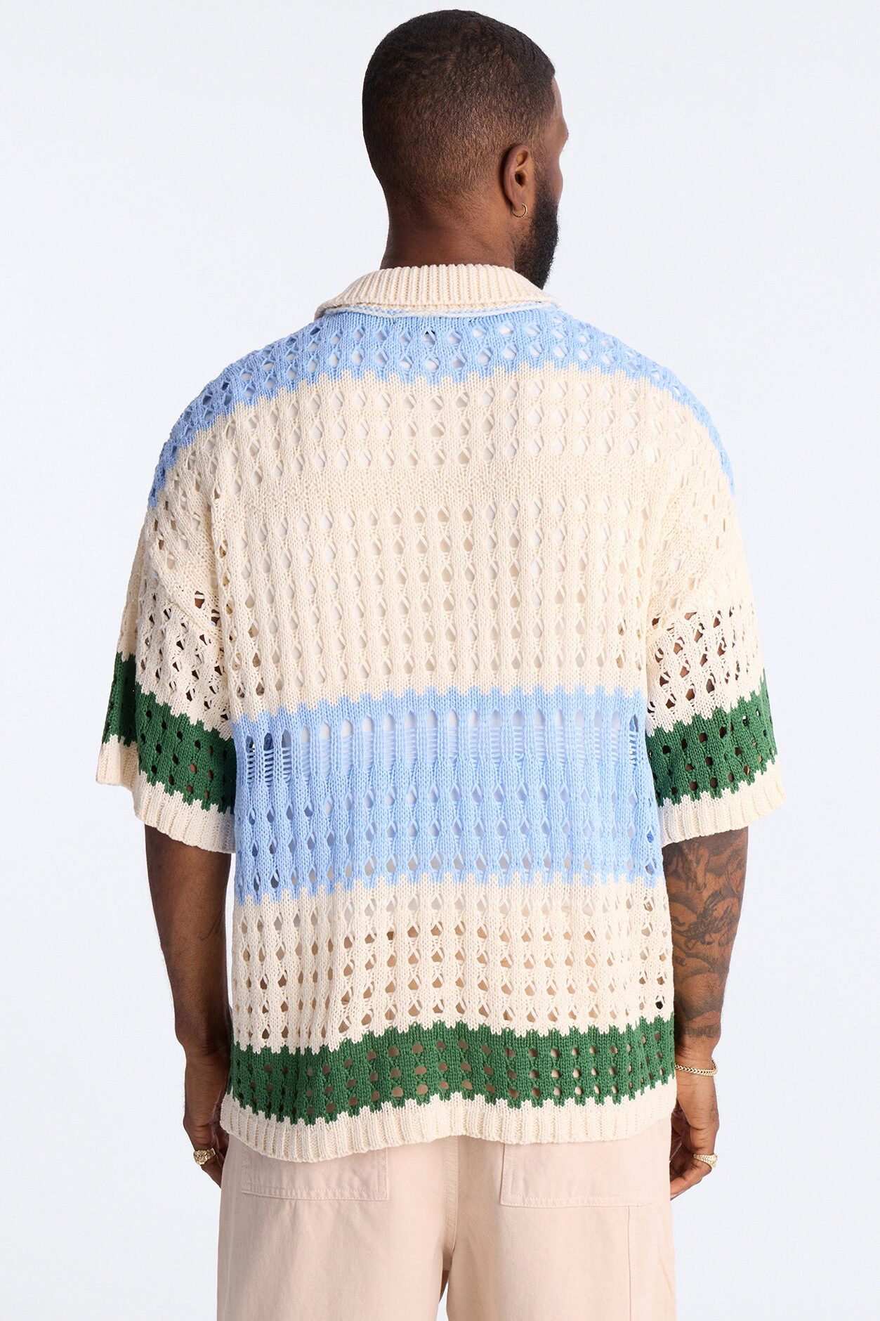 Weathered Stripe Knitted Polo - Light Blue
