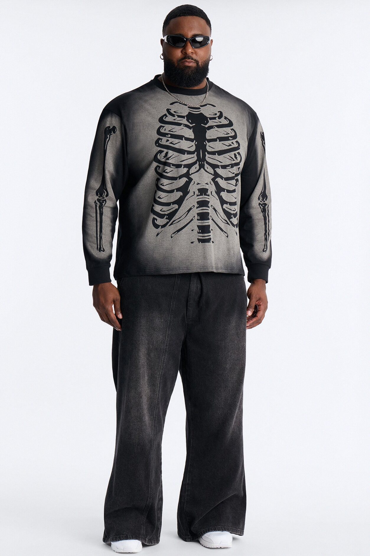 Skeleton Oversized Long Sleeve Tee - Black