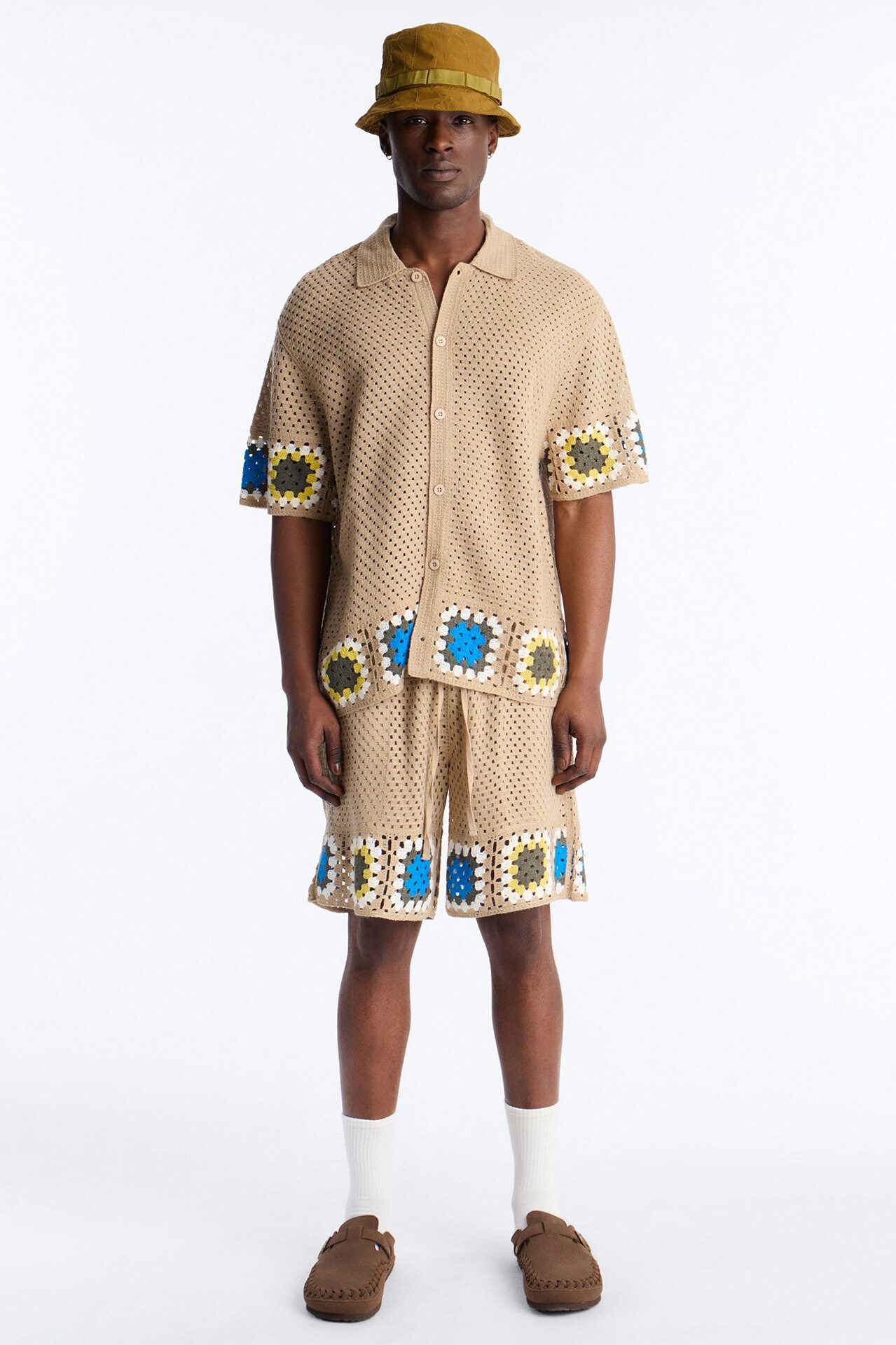 Relaxed Daisy Daze Crochet Button Up Shirt - Tan