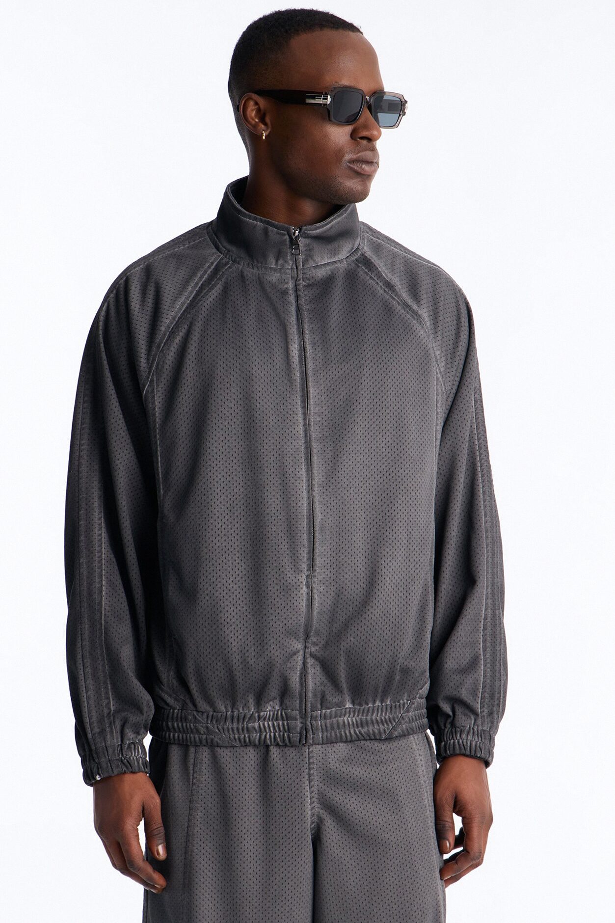 Relaxed Dirty Washed Heavyweight Track Jacket - Grey