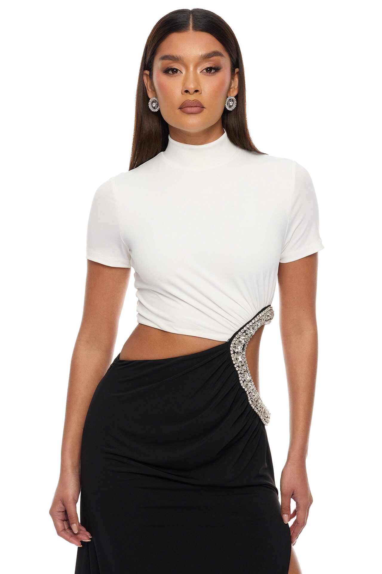 Lola Cut Out Rhinestone Maxi Dress - White/Black