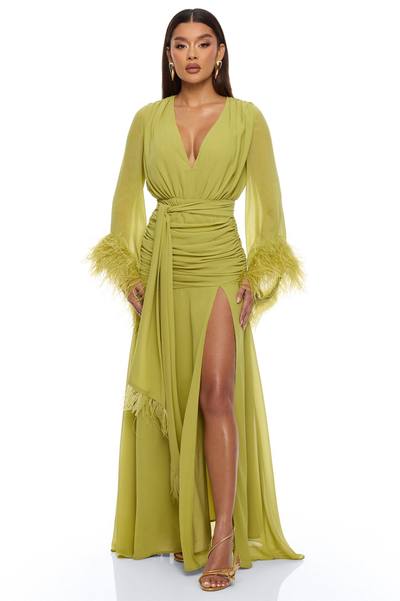 Daisey Feathered Chiffon Maxi Dress - Chartreuse