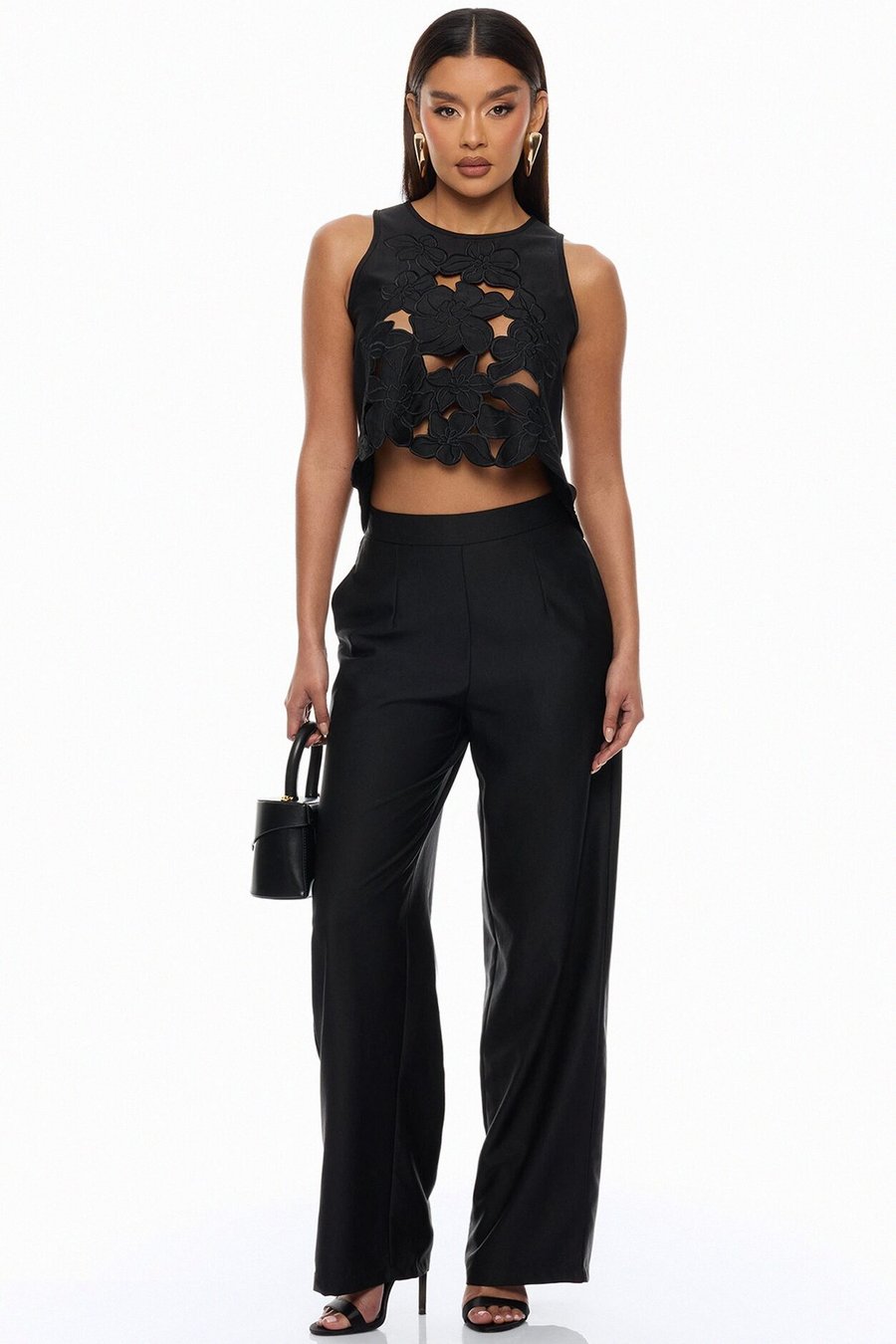 Greta Floral Embroidered Pant Set - Black Gold