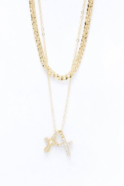 Double Crossed Chain Necklace Set - Gold