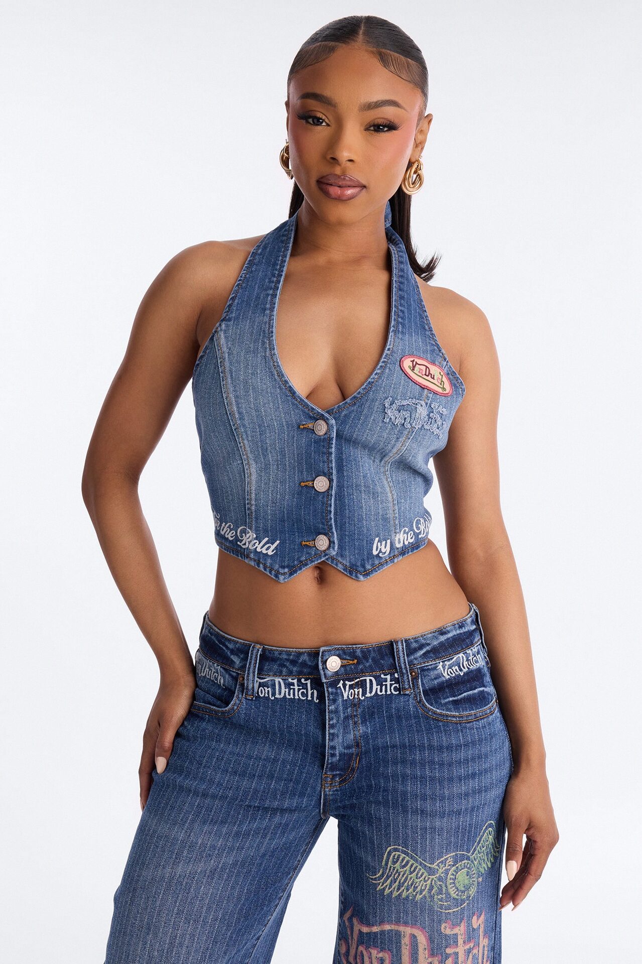 Von Dutch Striped Denim Vest - Medium Wash