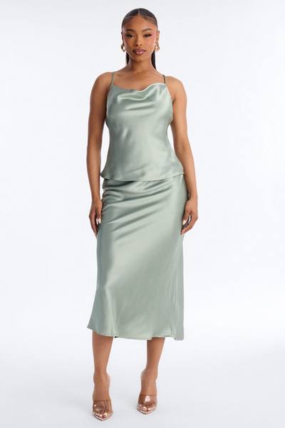 Madison Bias Cut Satin Midi Skirt Set - Sage