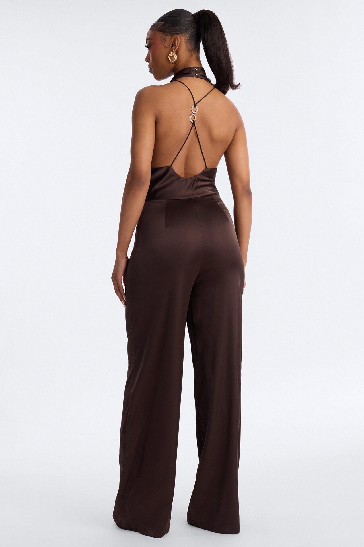 Sofi Satin Halter Jumpsuit - Chocolate