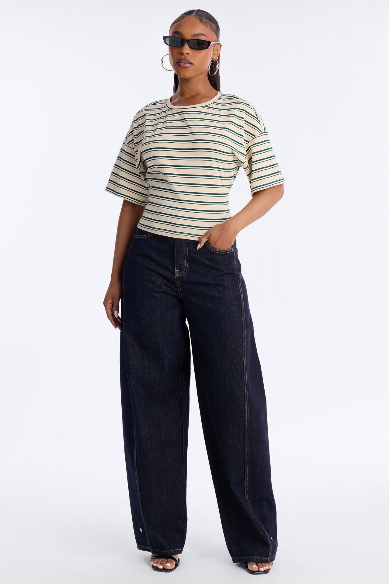 Street Ease Striped Sinched Waist T-Shirt - Cream/combo