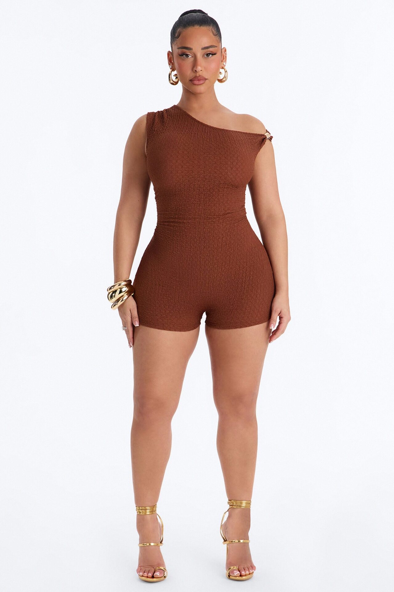 Kaya Textured Off Shoulder Micro Romper - Chocolate