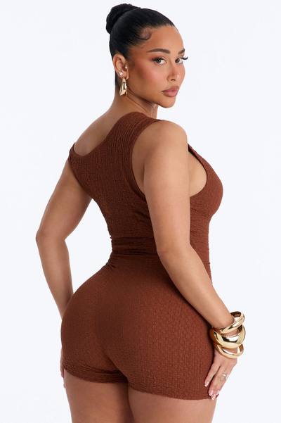 Kaya Textured Off Shoulder Micro Romper - Chocolate
