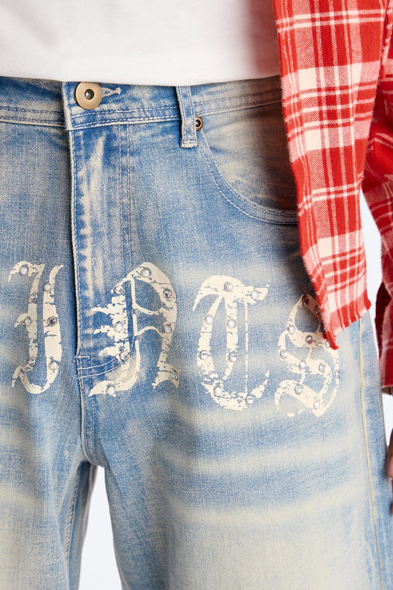Relaxed Saints Embellished Denim Shorts - Light Blue Wash