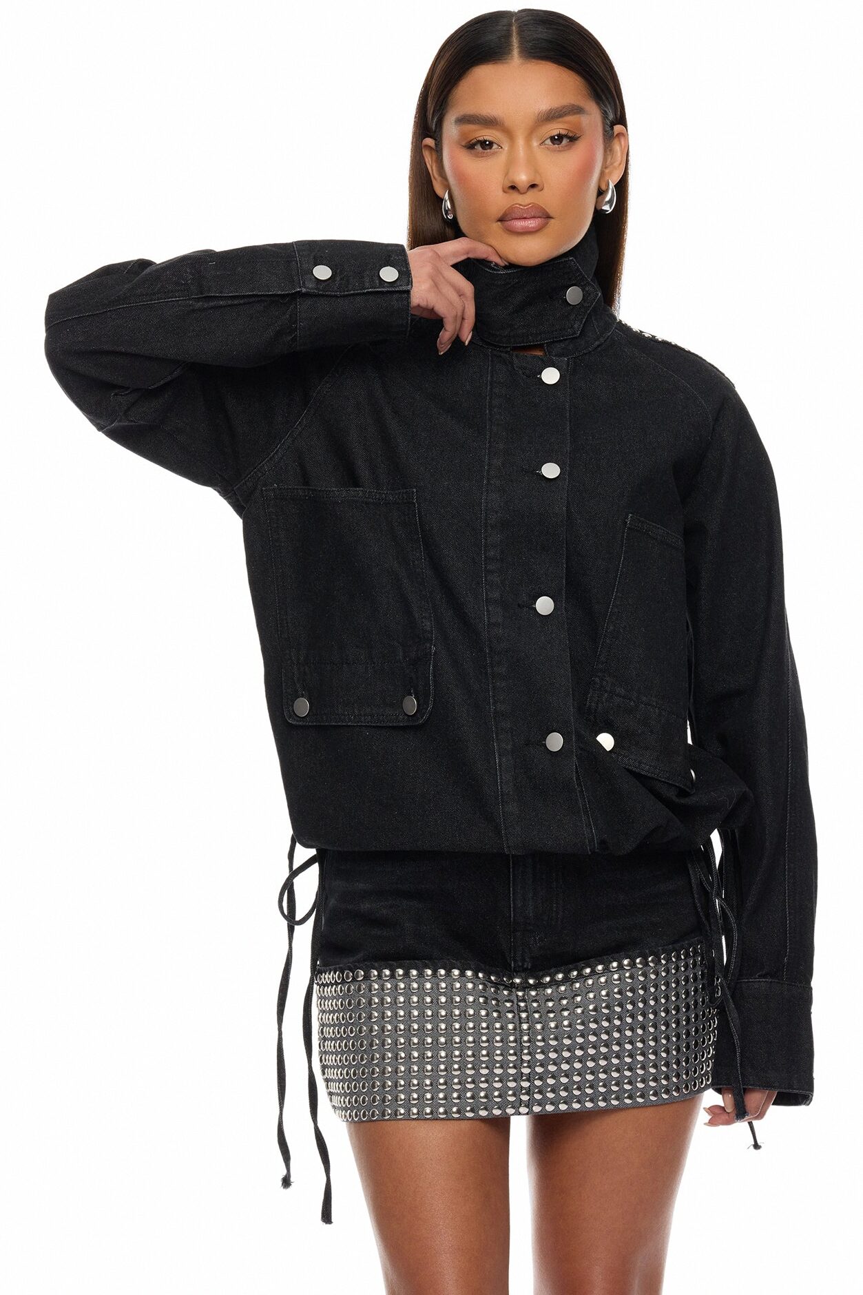 Too Cool Studded Denim Mini Skirt Set - Black
