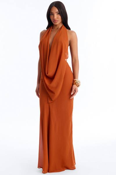 Indyah Draped Chiffon Maxi Dress - Cognac