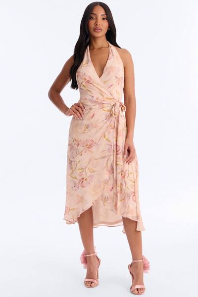 Zoey Floral Chiffon Wrap Midi Dress - Blush