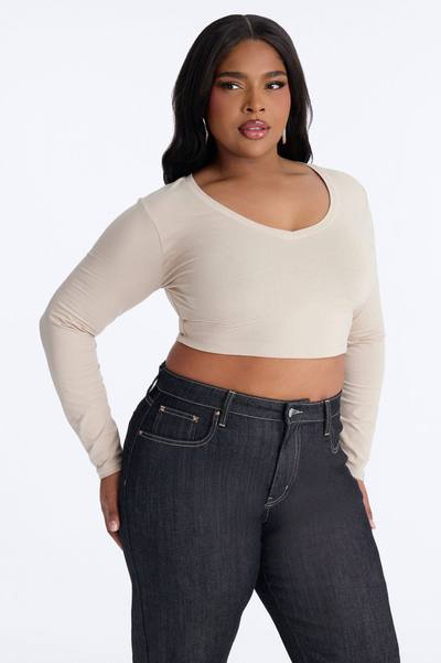 Carly V Neck Crop Long Sleeve Tee - Stone