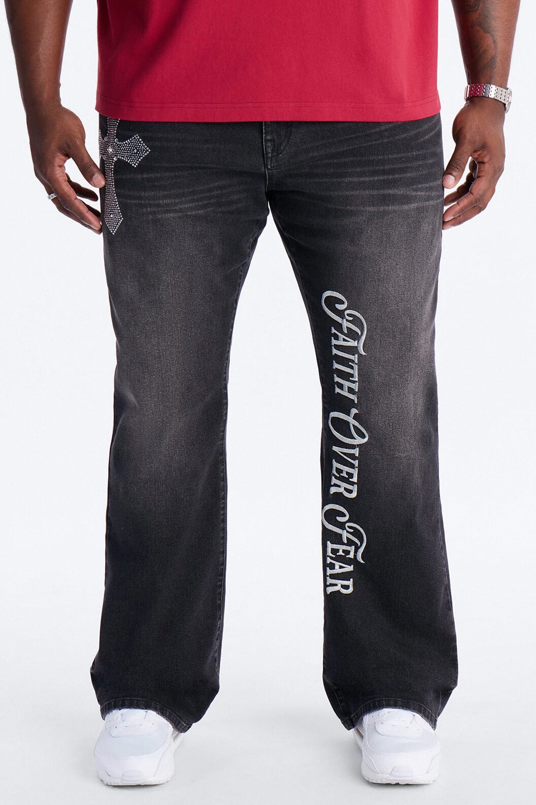 Stacked Slim Flare Faith Over Fear Drip Jean - Black Wash