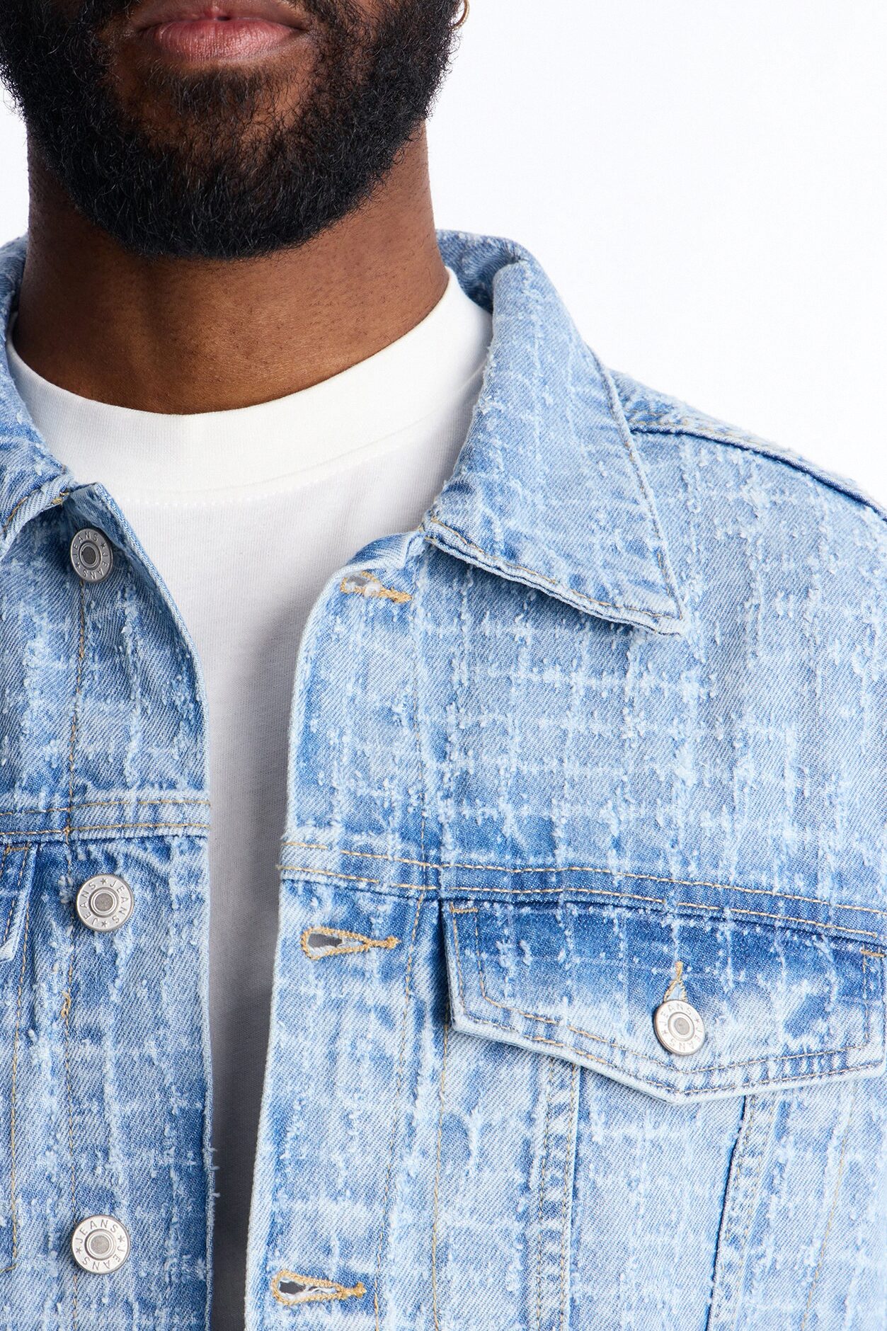 Cropped Windowpane Denim Trucker Jacket - Light Wash