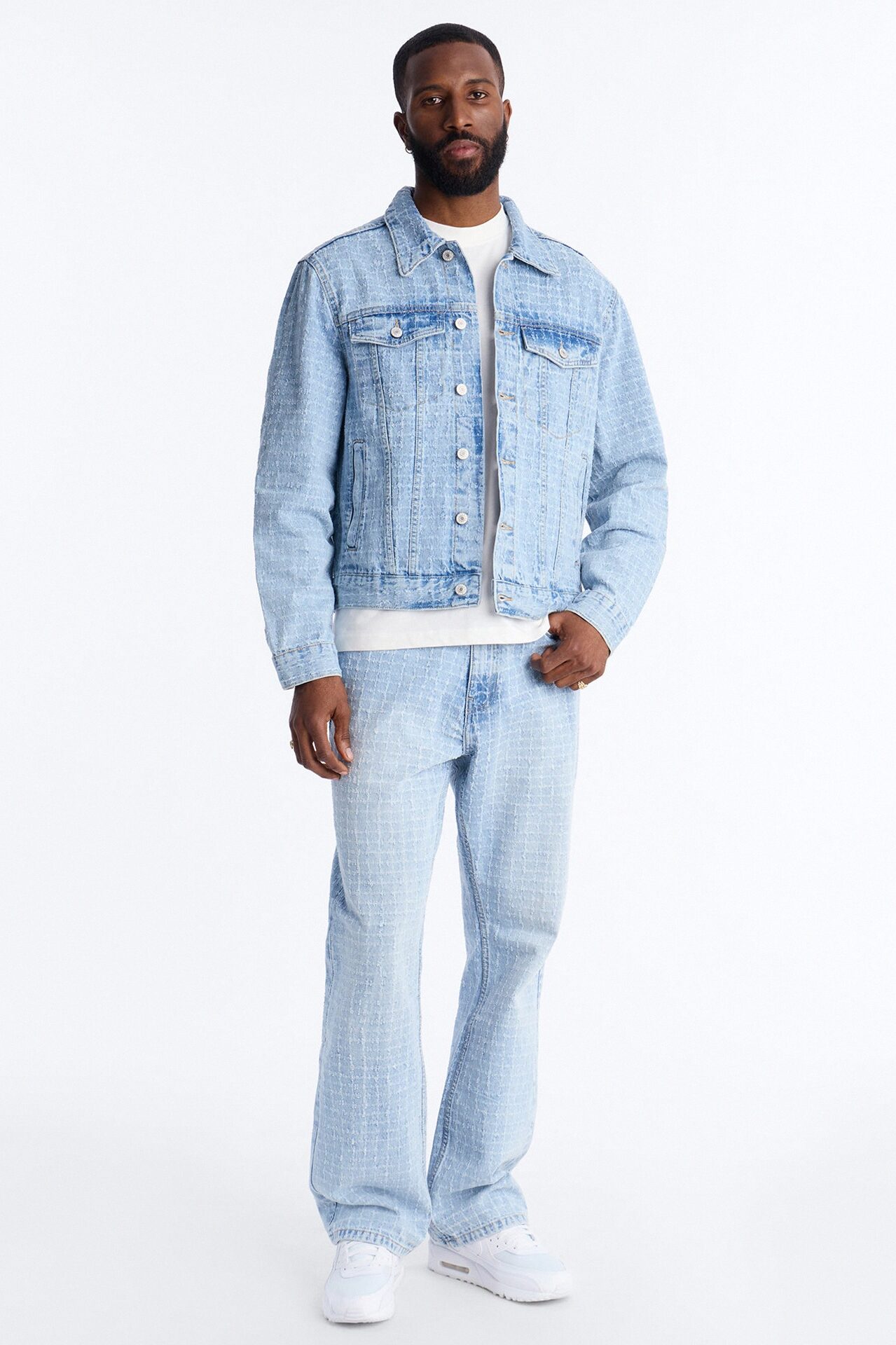 Cropped Windowpane Denim Trucker Jacket - Light Wash