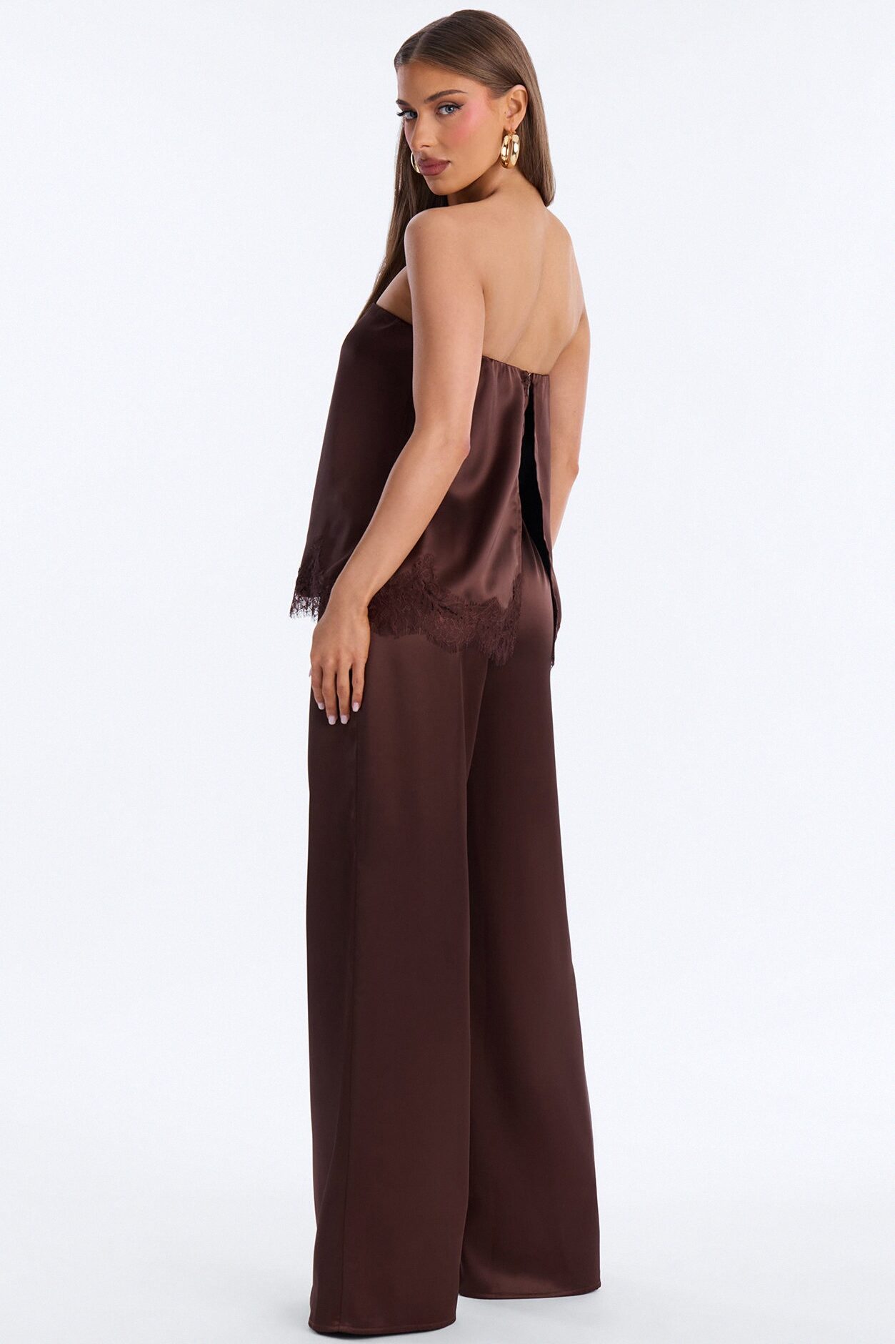Kierra Satin Strapless Wide Leg Jumpsuit - Chocolate