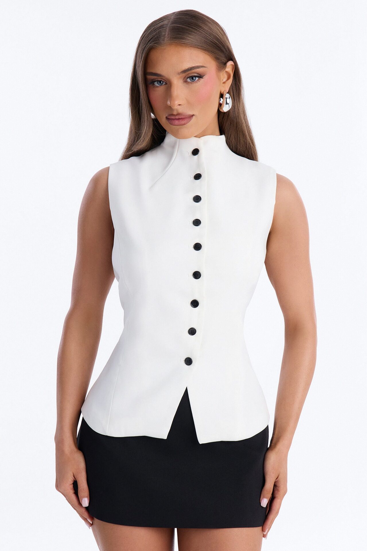 Lana Mock Neck Twill Top - White