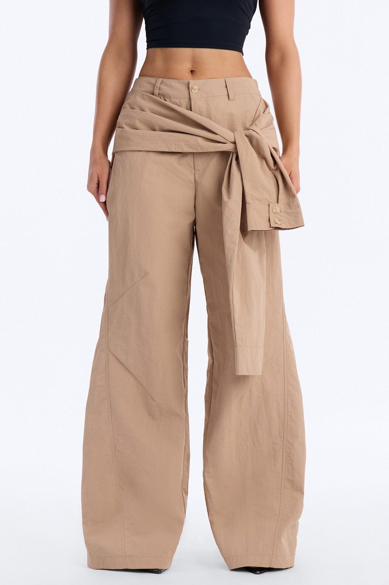 Not Your Man's Button Up Wrap Waist Wide Leg Trouser - Khaki