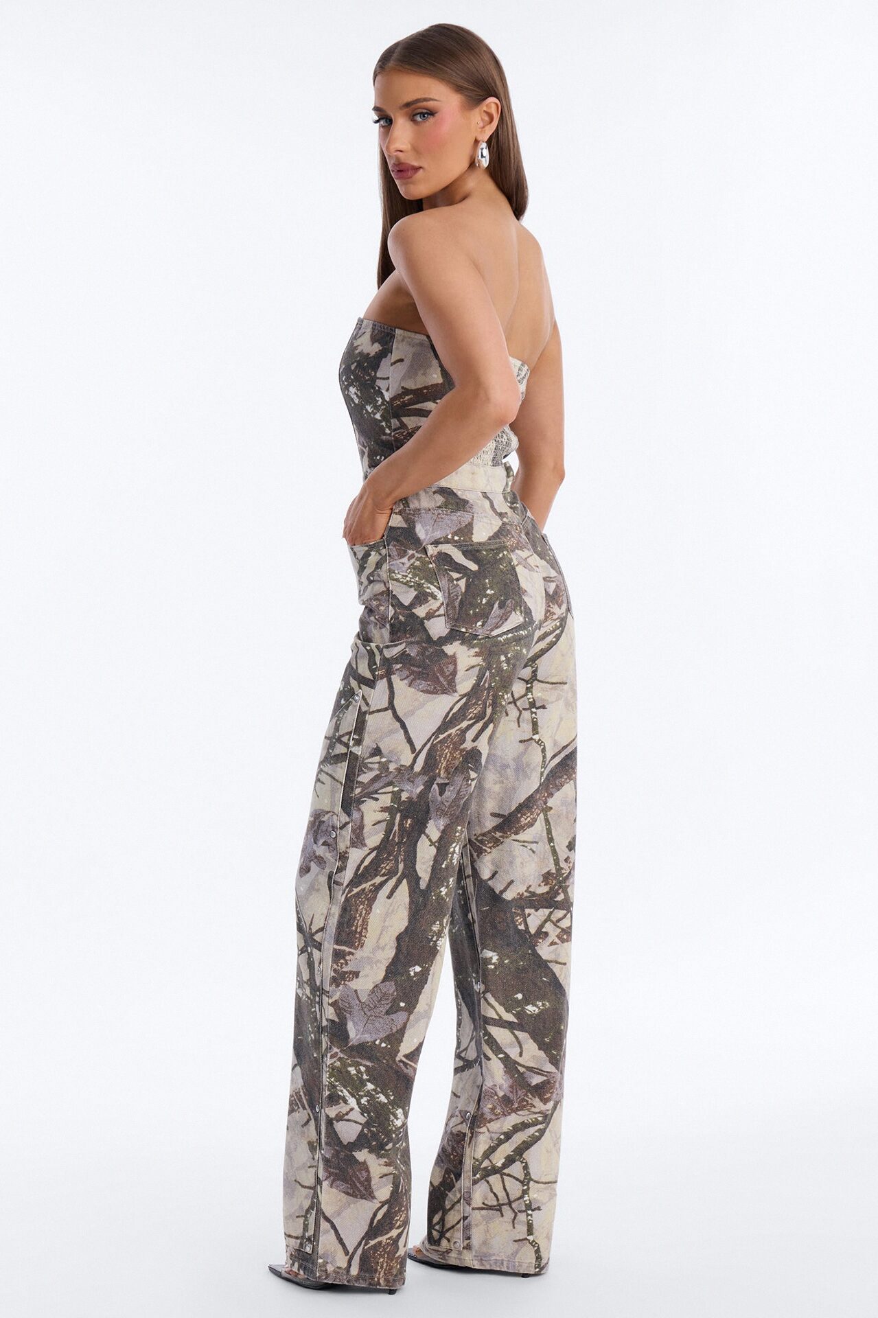 Urban Cool Girl Camo Wide Leg Jumpsuit - Khaki/combo
