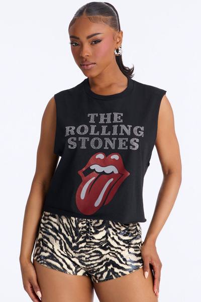 The Rolling Stones Cropped Muscle Tee With Rhinestones - Black