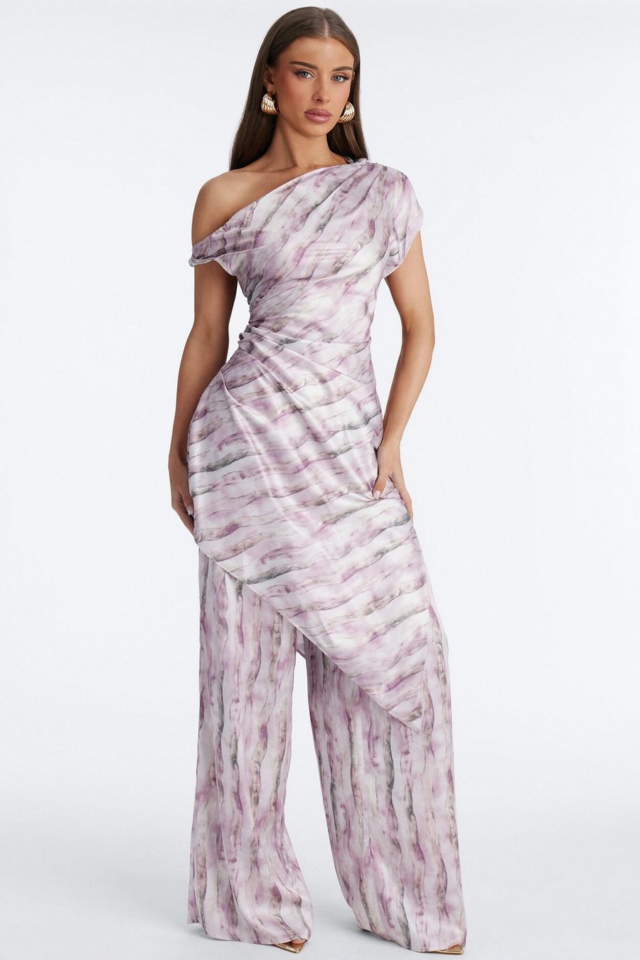 Callie Off Shoulder Asymmetrical Pant Set - Pink