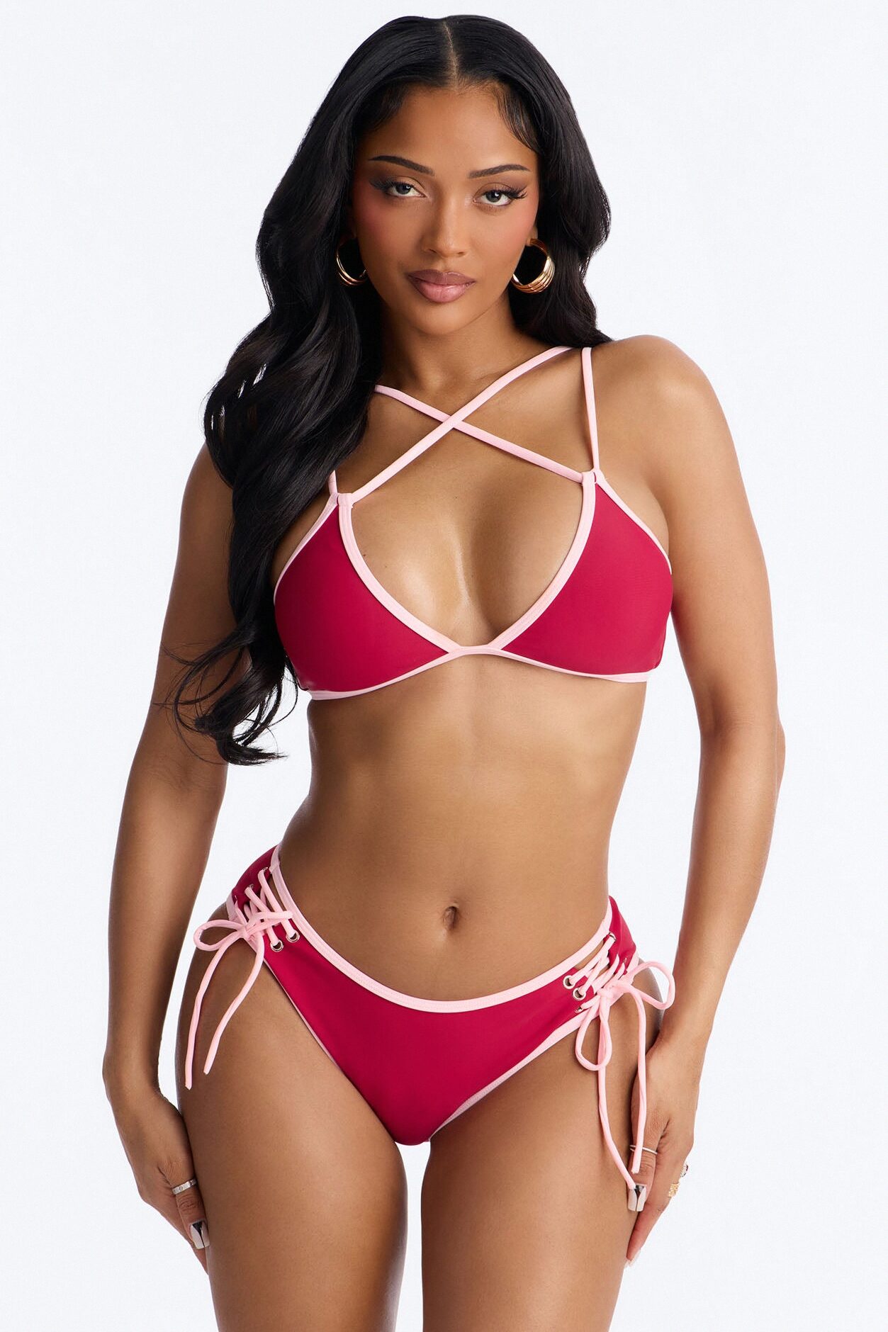 Tropical Tea Underwire Contrast Criss Cross Lace Up 2 Piece Bikini - Burgundy/combo