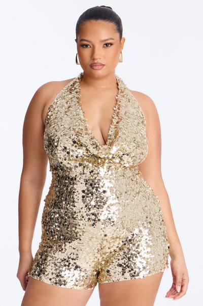 Dazzling In The Night Sequin Halter Romper - Gold