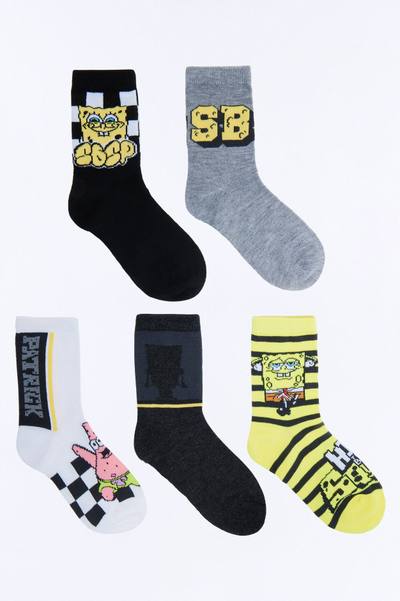 Mini Spongebob And Patrick 5 Pack Crew Socks - Grey/combo