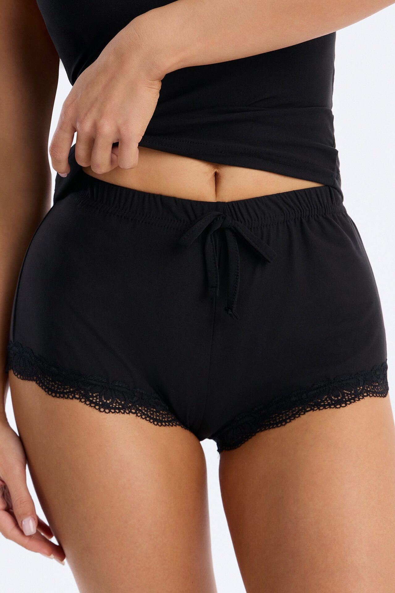 So Lovely Halter Lace Trim PJ Short Set - Black