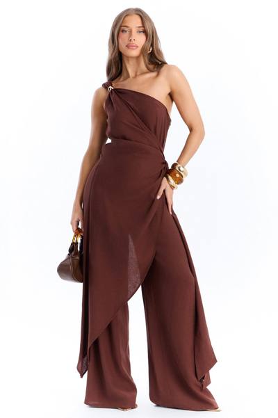 Zena Off Shoulder Draped Jumpsuit - Chocolate