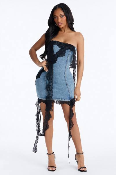 Lizzie Lace Trim Stretch Denim Mini Dress - Medium Wash