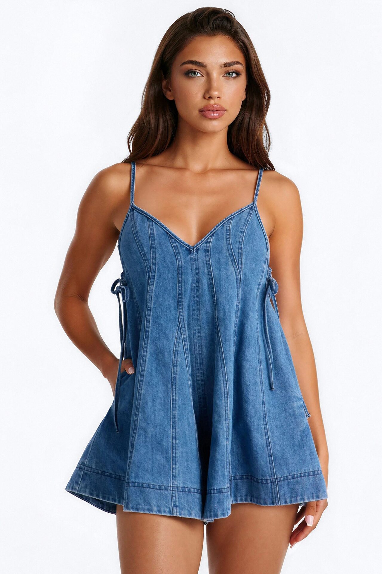 Just A Girl Denim Romper - Medium Wash