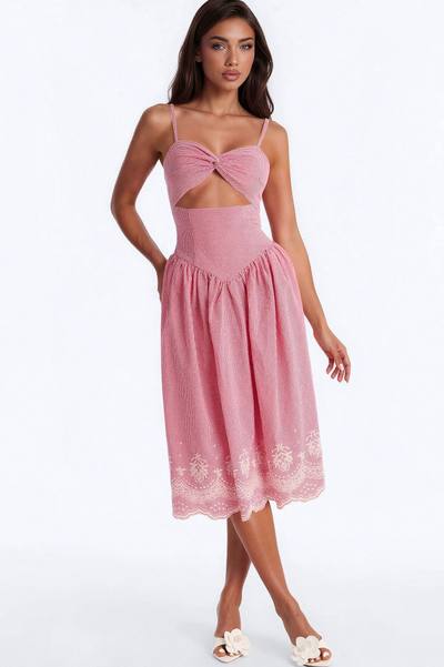 Zella Pleated Gingham Embroidery Midi Dress - Red