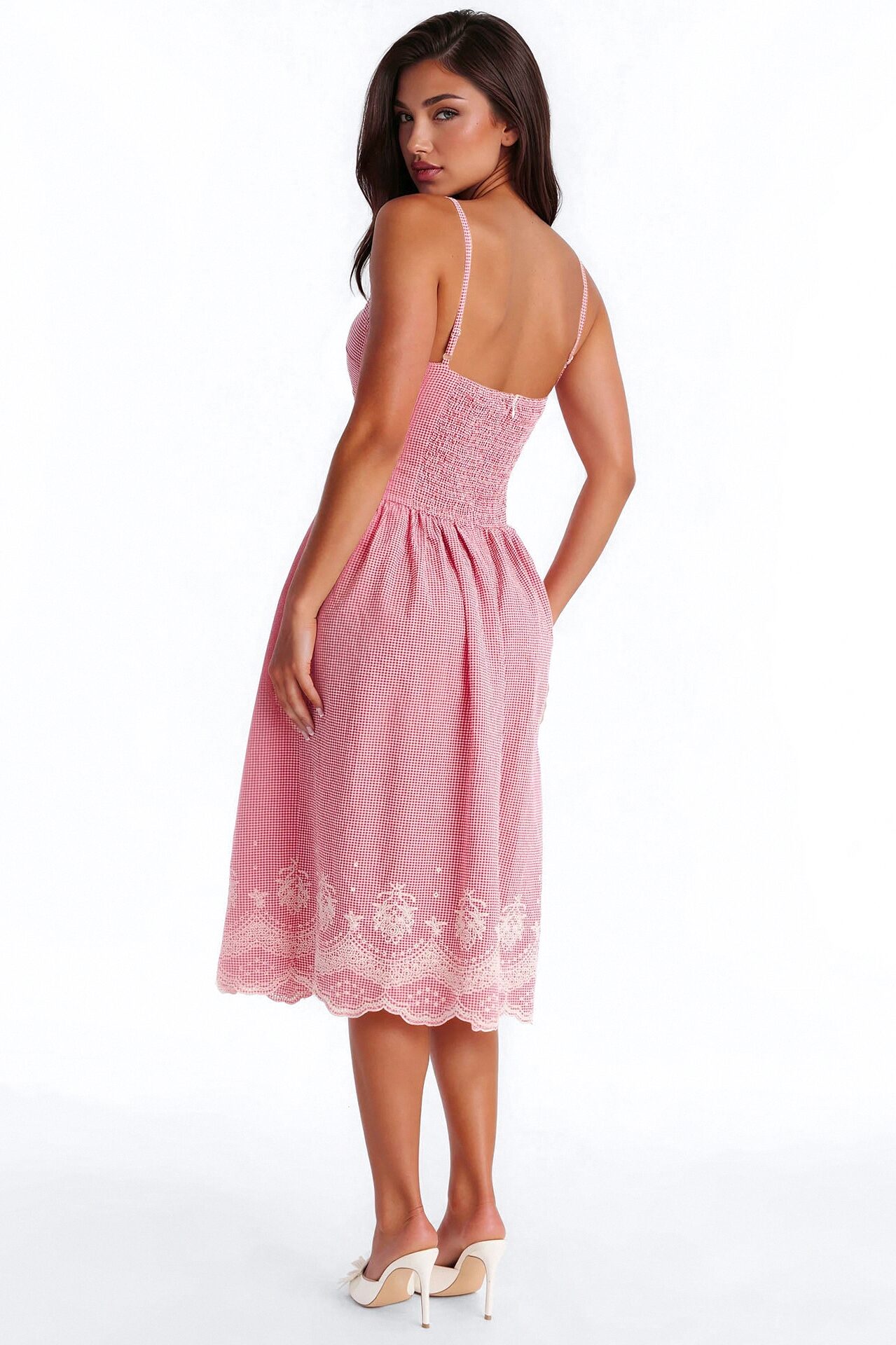 Zella Pleated Gingham Embroidery Midi Dress - Red