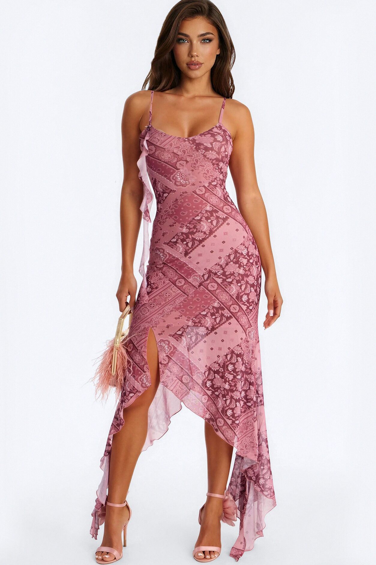 Harper Patchwork Mesh Midi Dress - Burgundy