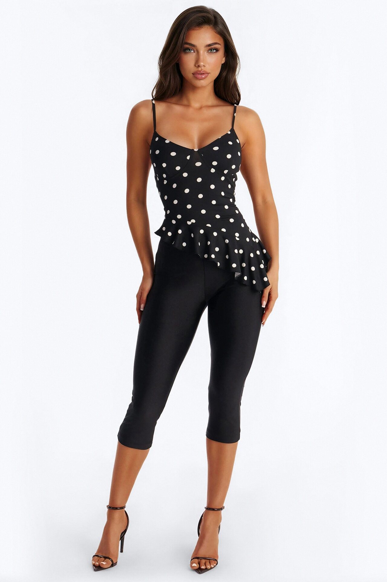 Bailey Polka Dot Asymmetrical Ruffle Top - Black/combo