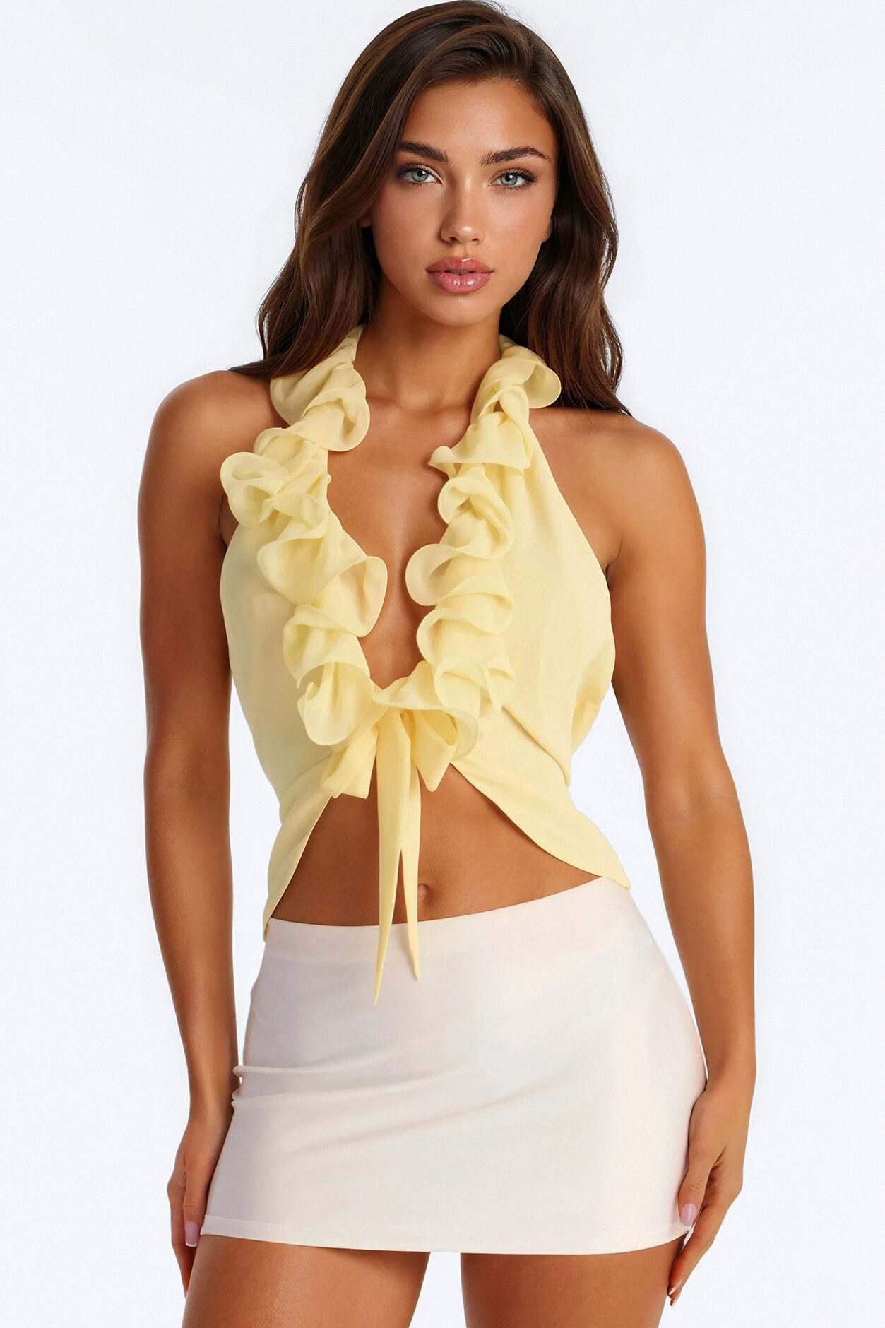Kissed By Paris Light Ruffle Chiffon Halter Top - Butter Yellow