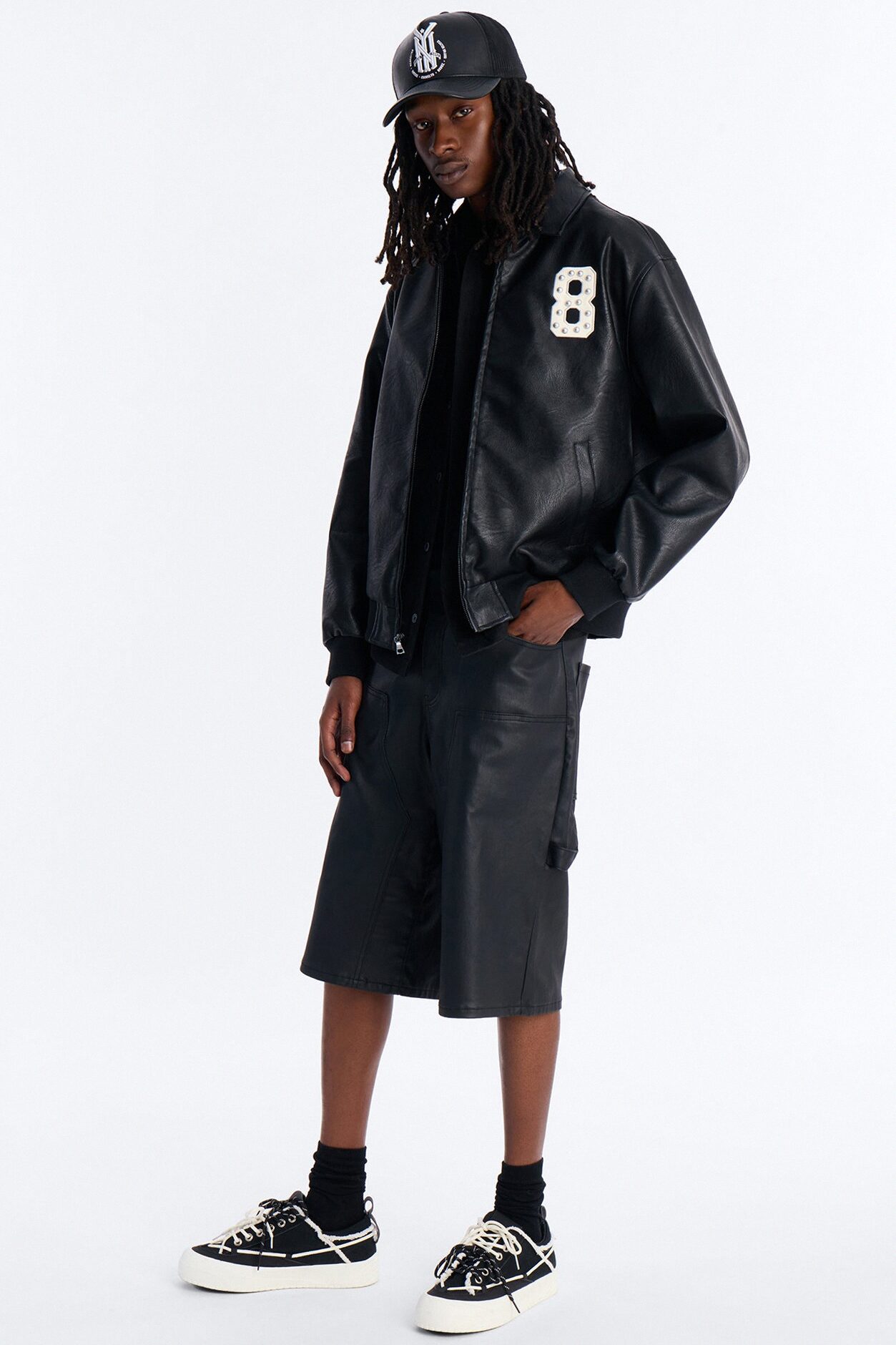 Crimson Blessed Faux Leather Studded Bomber Jacket - Black