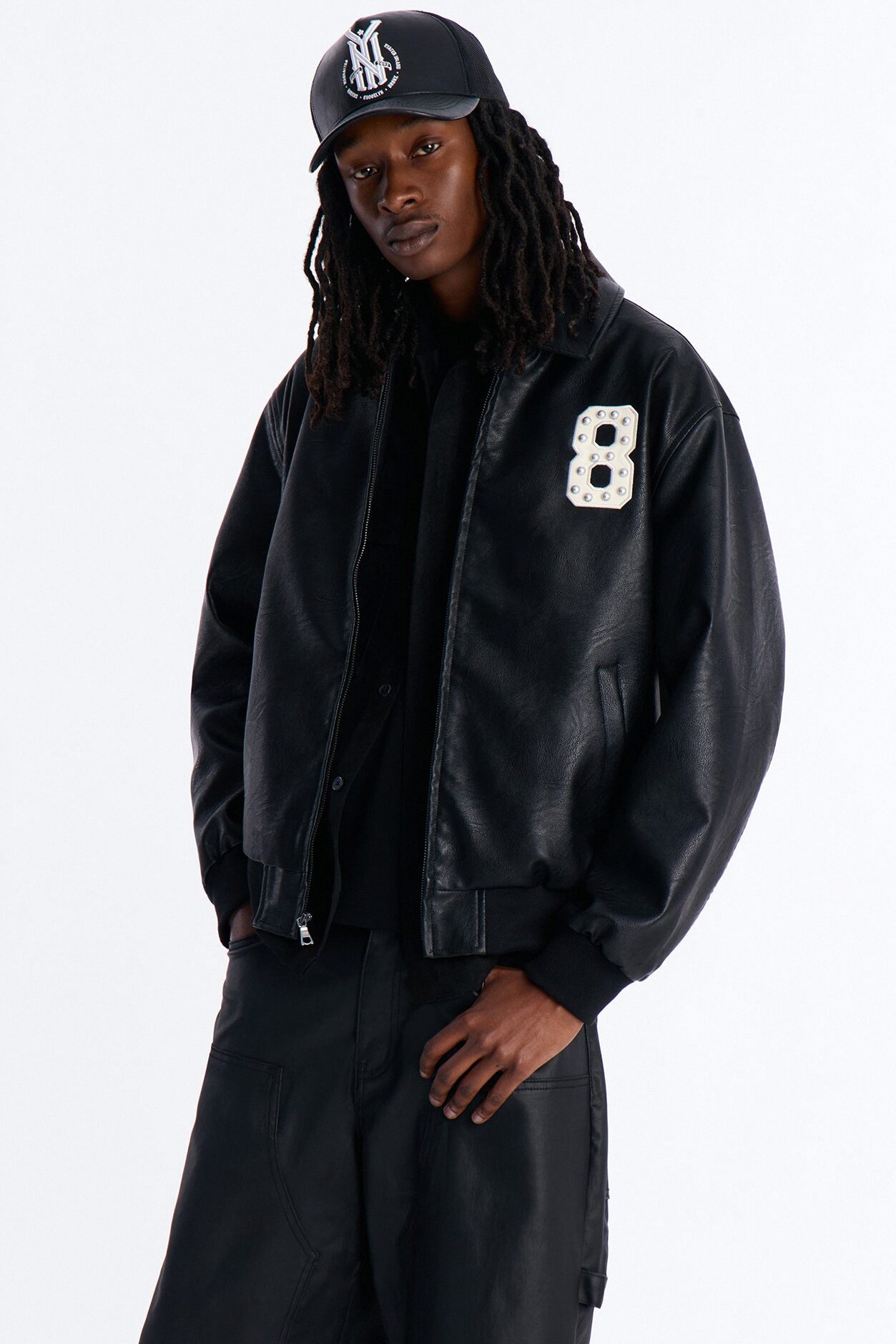 Crimson Blessed Faux Leather Studded Bomber Jacket - Black